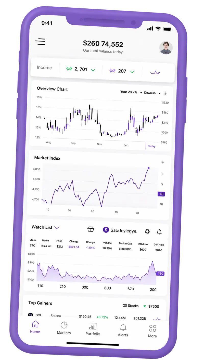 Mobile account dashboard displaying portfolio activity